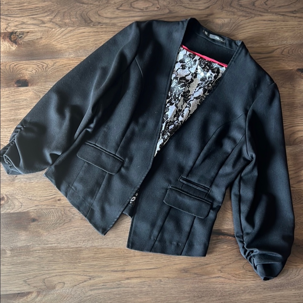 Maurices Black Women's Open Front Blazer Jacket with Ruching on Sleeve Large